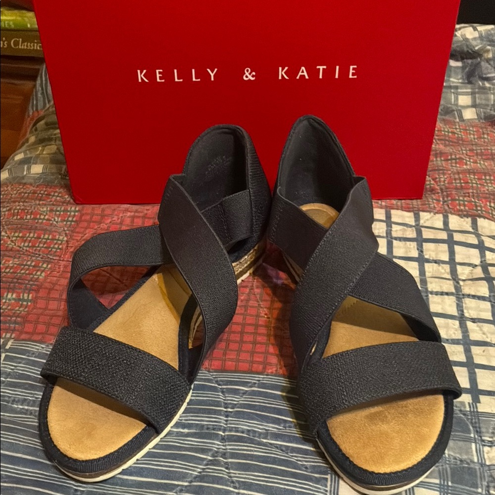 Kelly & Katie Navy Blue Elastic Crisscross Wedge Sandals